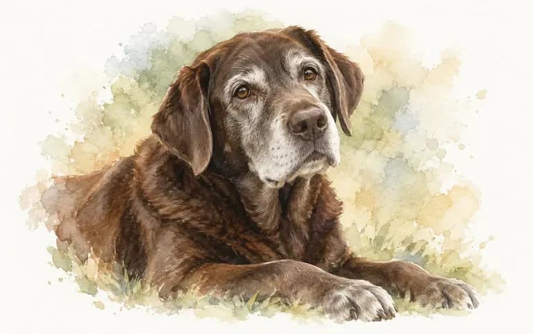 A soft watercolor portrait of an old dog