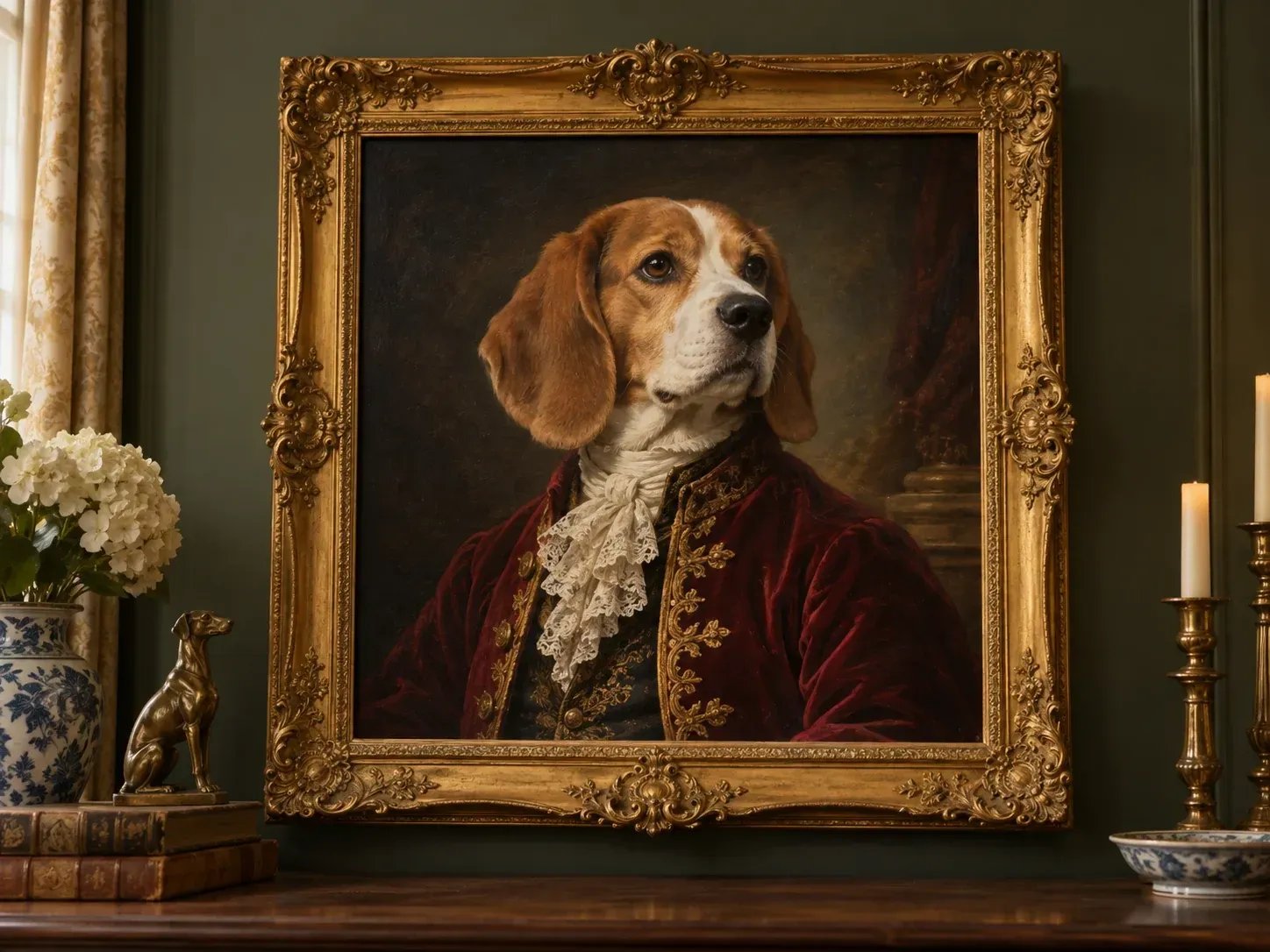 A beagle painted as an 18th-century duke