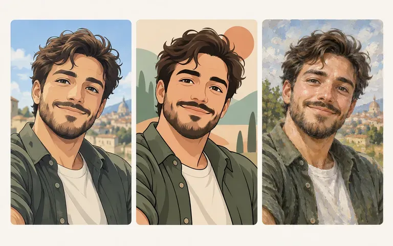 One selfie in anime, cartoon and painted styles