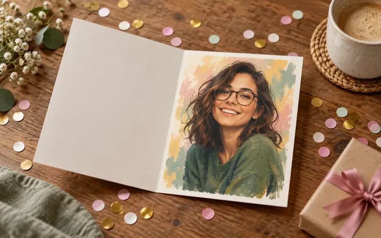 An art-filter portrait inside a birthday card
