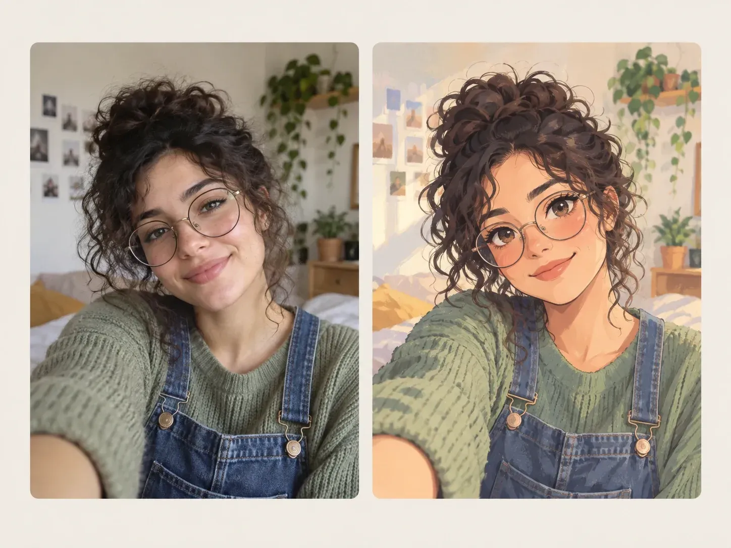 A selfie redrawn in a soft anime style