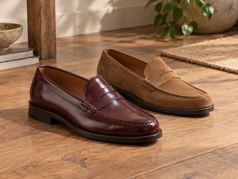 Penny Loafers: polished or brushed leather with a moc toe
