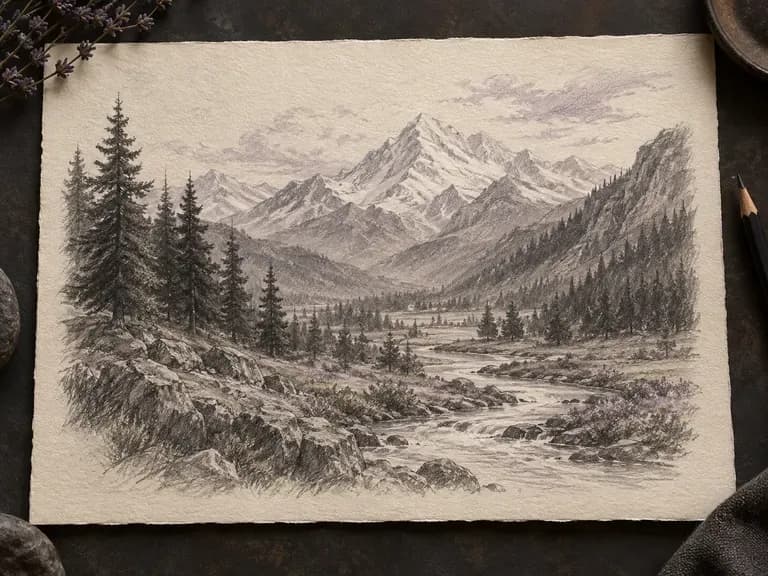 Pencil landscape with mountains and a winding river