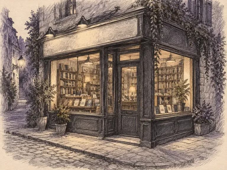 Ink drawing of a corner building with a blank signboard
