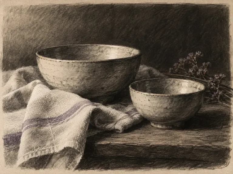 Charcoal still life of ceramic bowls and linen