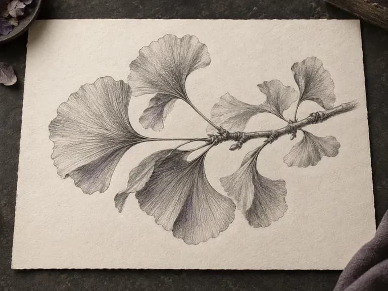 Botanical pencil study of a ginkgo branch