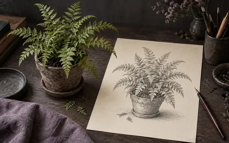 A fern used as the subject of an illustrative ink drawing