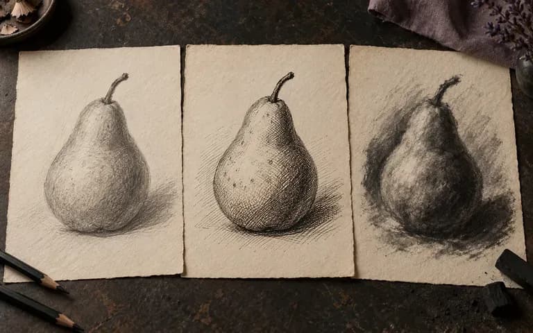A pear interpreted in pencil, ink and charcoal