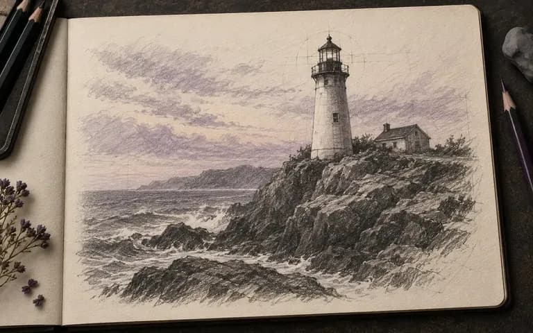 A lighthouse composition drawn in pencil