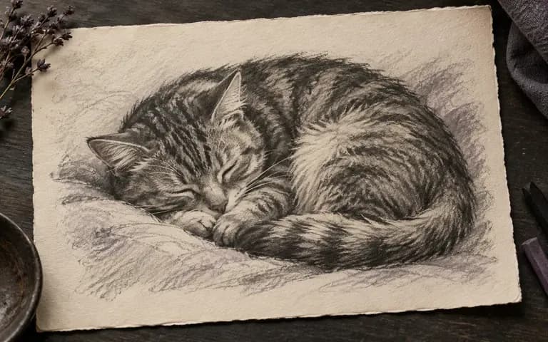 A sleeping cat rendered as a charcoal study