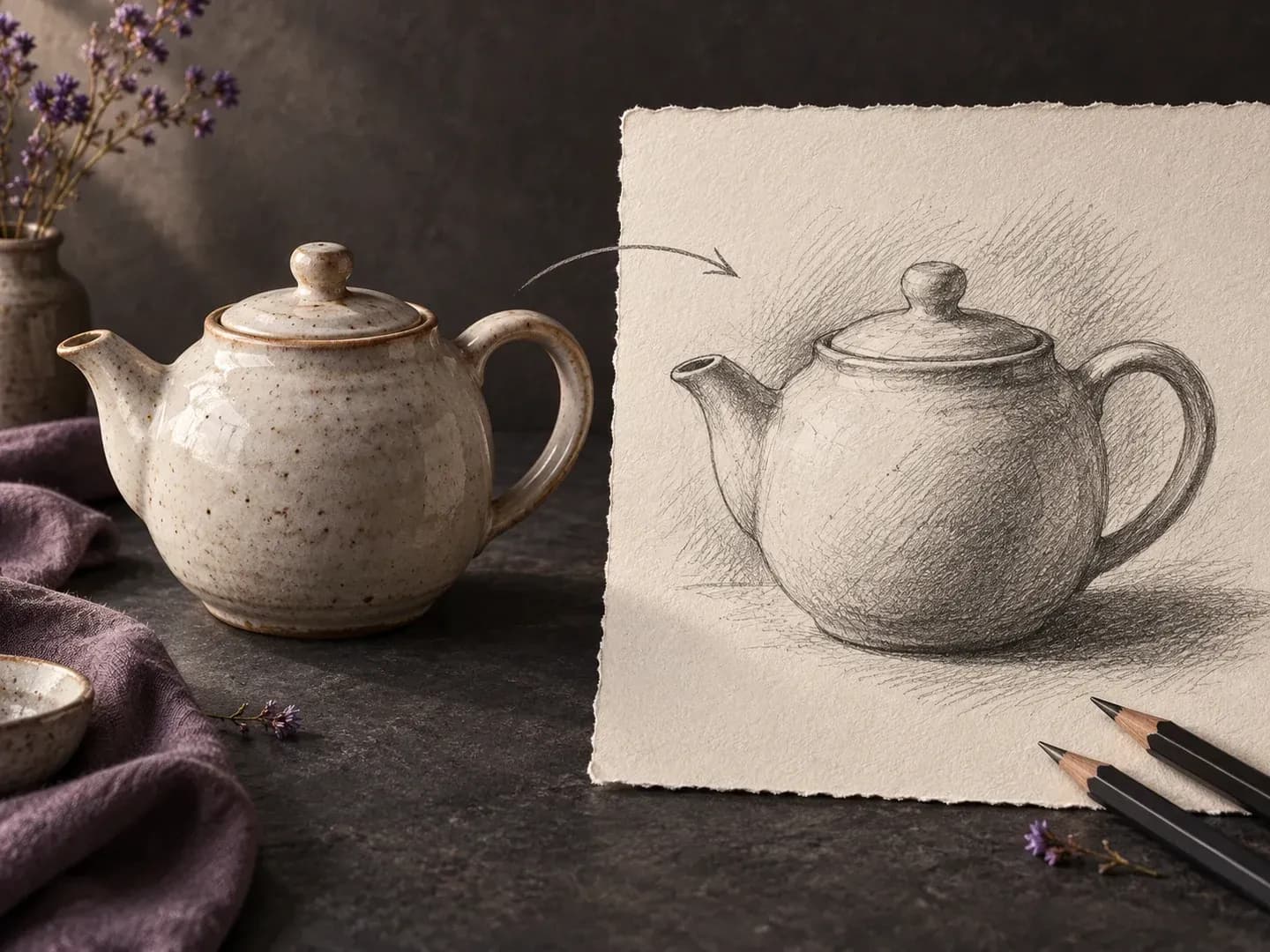 A ceramic teapot beside an illustrative graphite sketch