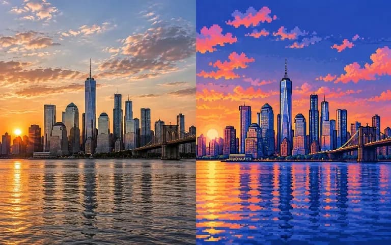 A city photo turned into pixel art