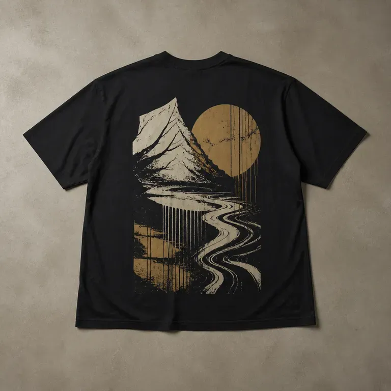 A close-up of a back print graphic on a T-shirt