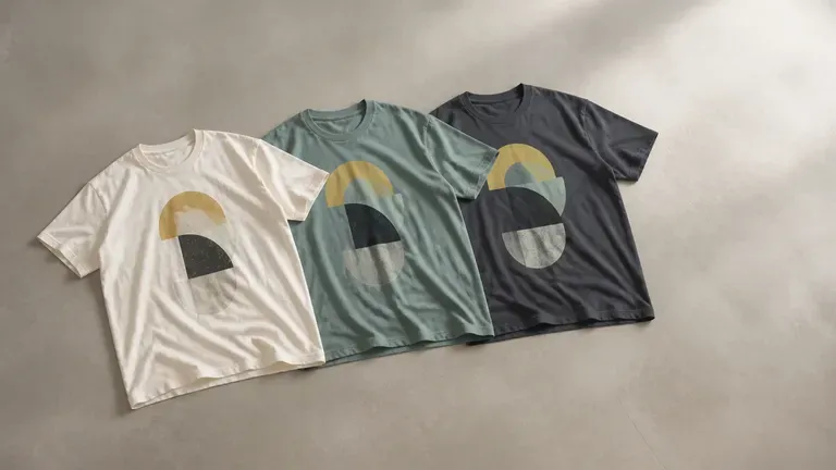 Three T-shirts in different colours flat-laid with the same abstract geometric graphic on the chest