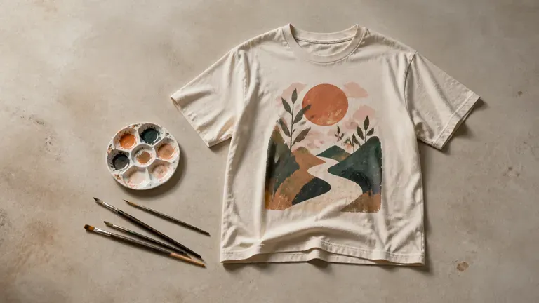 An illustration-style T-shirt graphic flat-laid beside paintbrushes and a palette