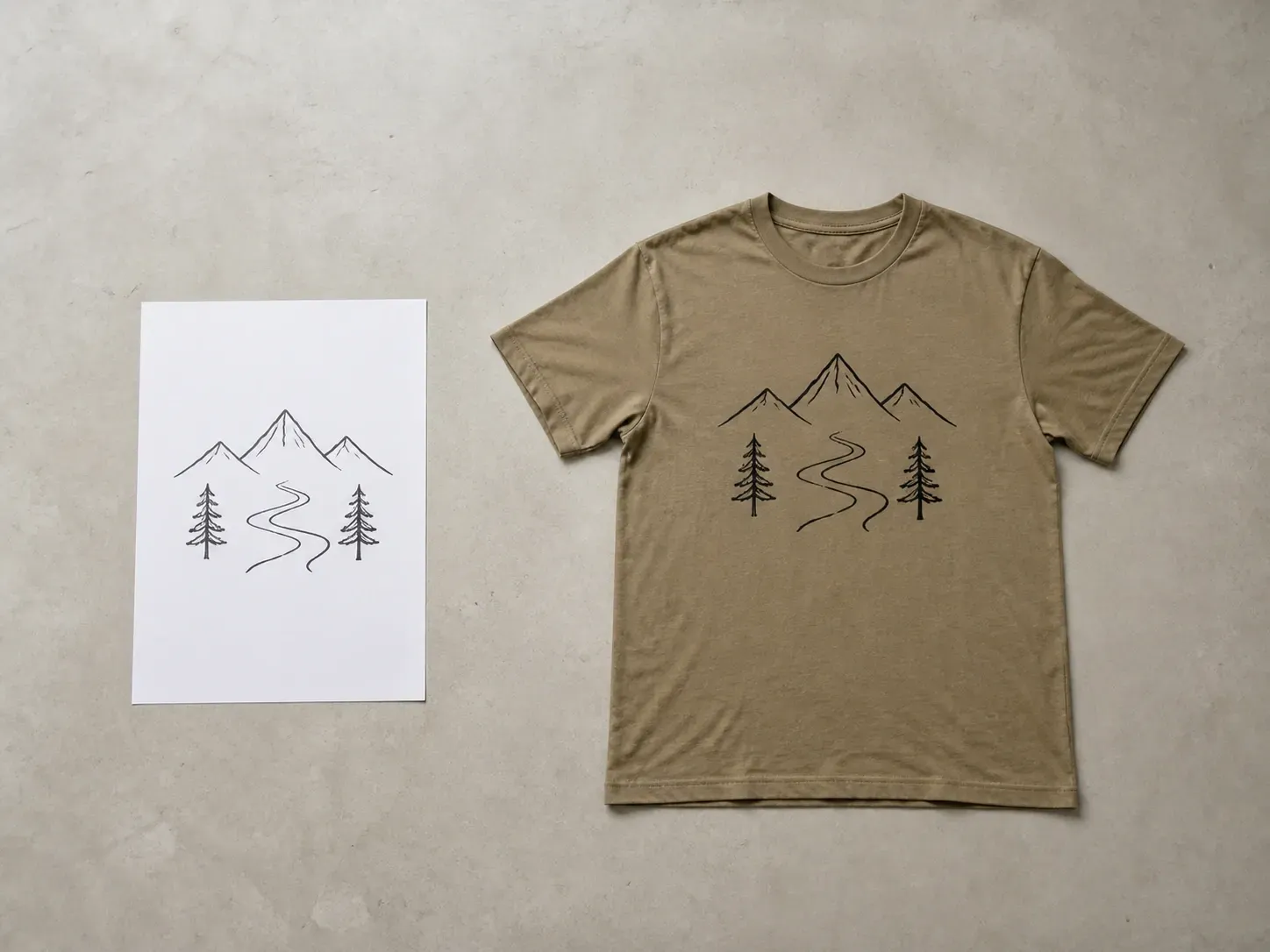 A hand-drawn mountain line art reference beside the same graphic printed on a khaki T-shirt