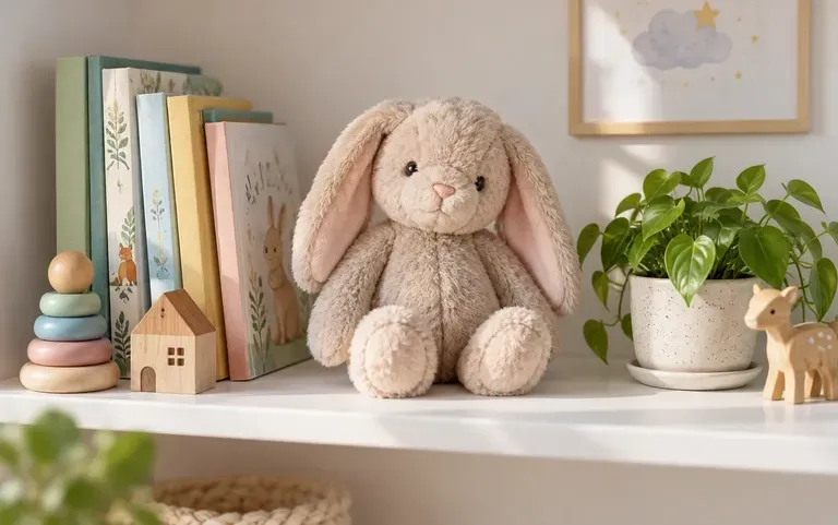A plush toy shown on a nursery shelf