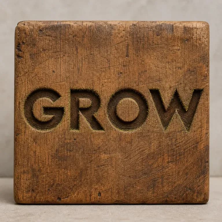 A close-up of the word GROW carved in wood with visible moss detail