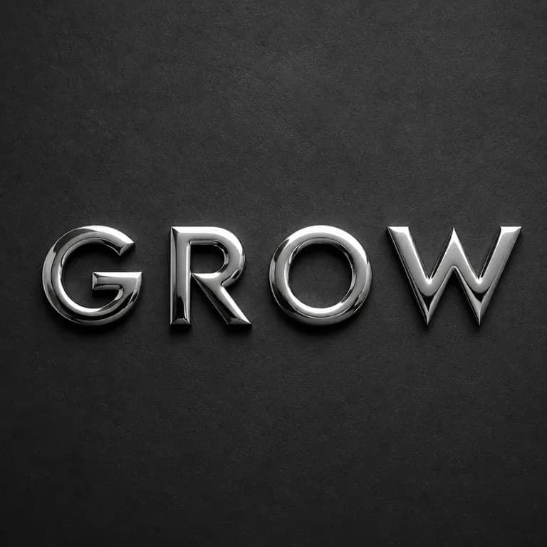 A close-up of the word GROW in liquid metal with visible reflections