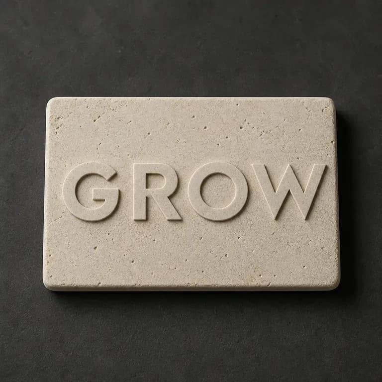 A close-up of the word GROW carved in stone relief