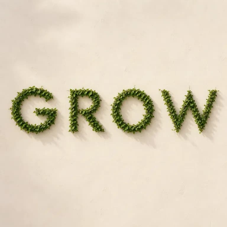 A close-up of the word GROW formed from vines and natural growth