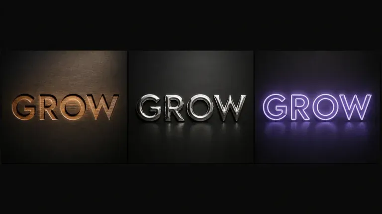 The word GROW rendered in three materials: carved wood, liquid metal, neon tube