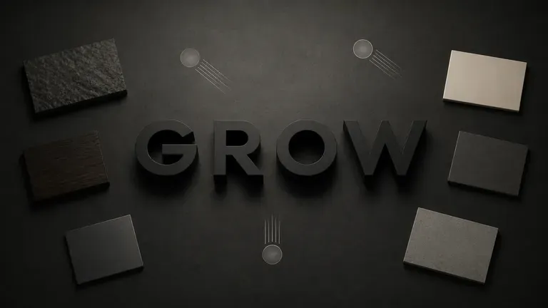 The word GROW floating in a canvas scene surrounded by material references and lighting notes