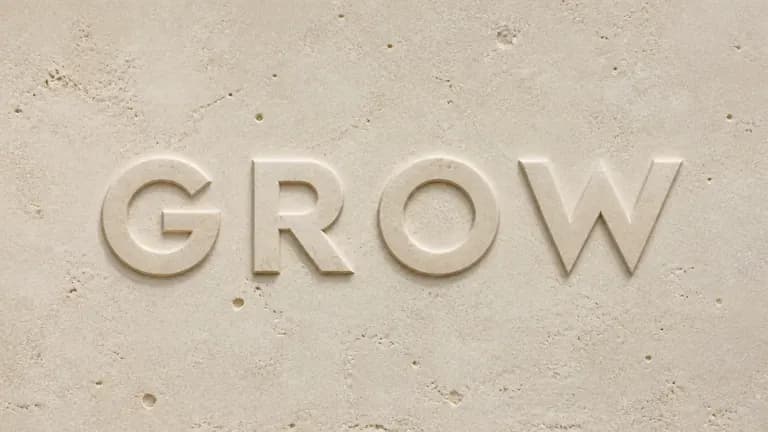 The word GROW carved in stone relief, suggesting a brand designer's title treatment
