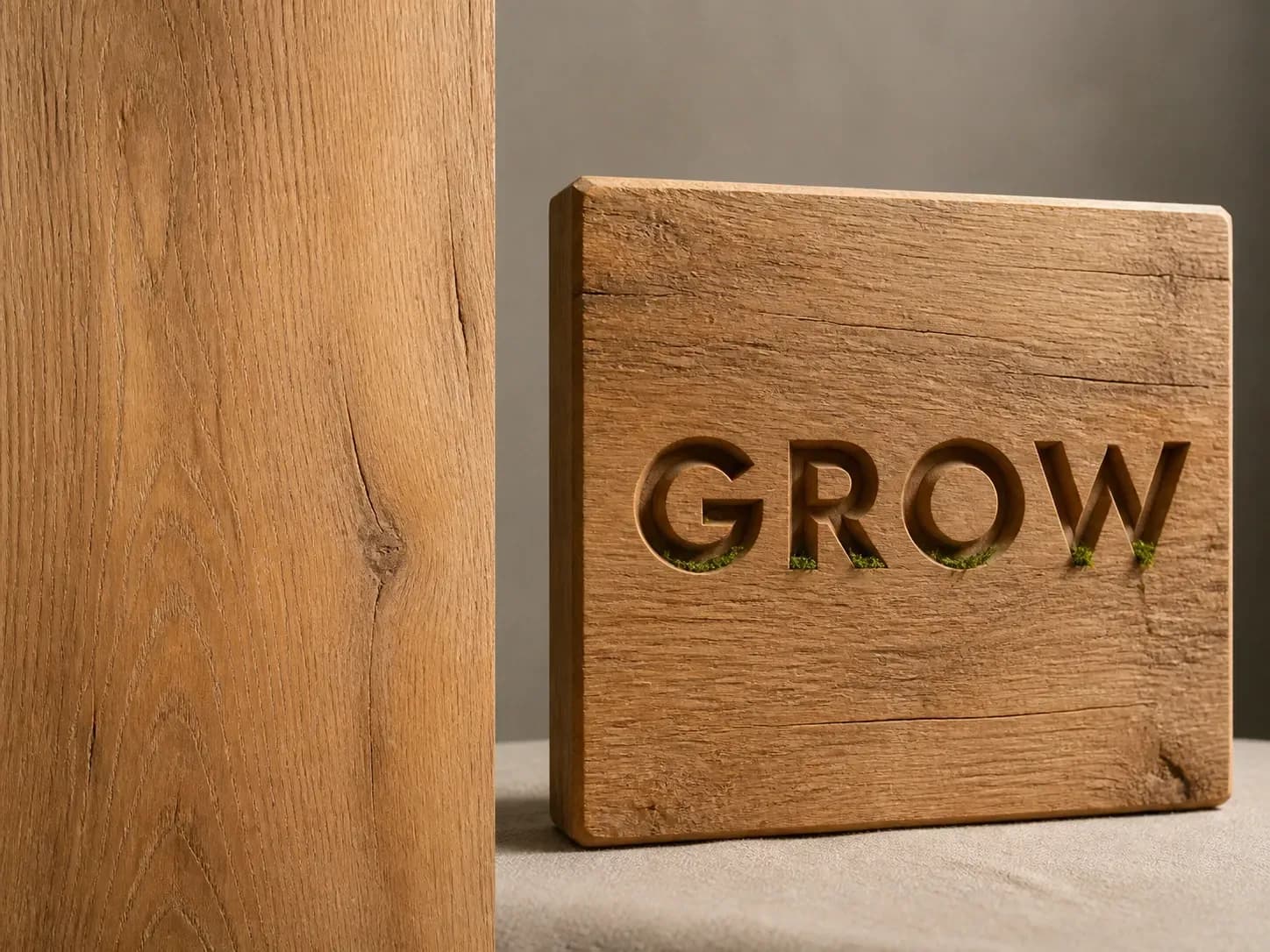 A wood grain reference photo beside the word GROW carved into wood with moss in the grooves