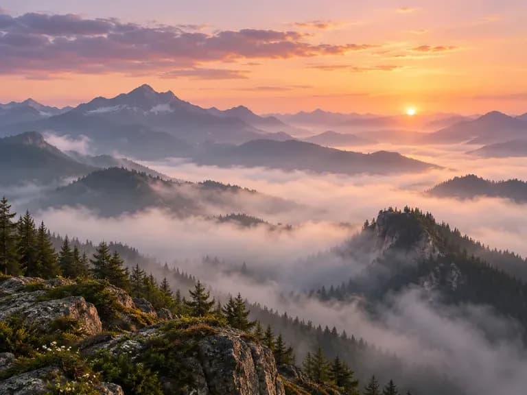 Misty Landscapes: forests and mountains at dawn