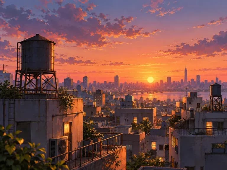 Anime Skylines: city rooftops at sunset