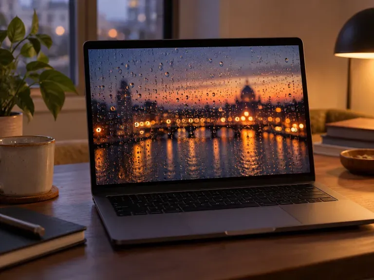 Rainy Windows: raindrops against warm evening light