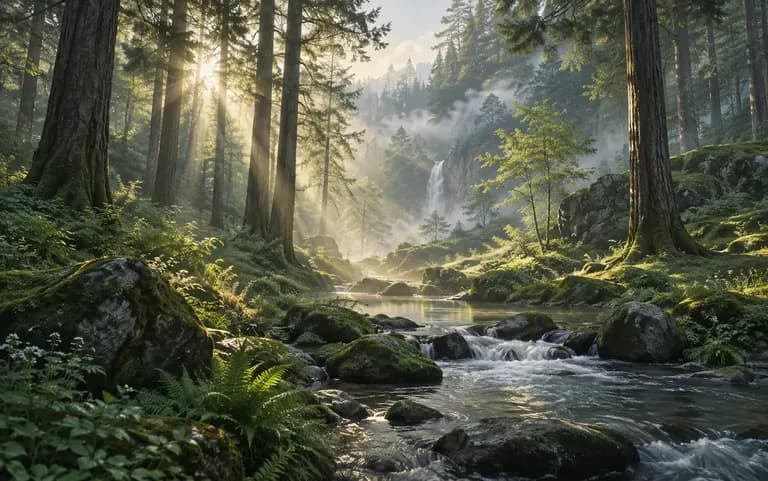 A dawn forest scene in cool greens