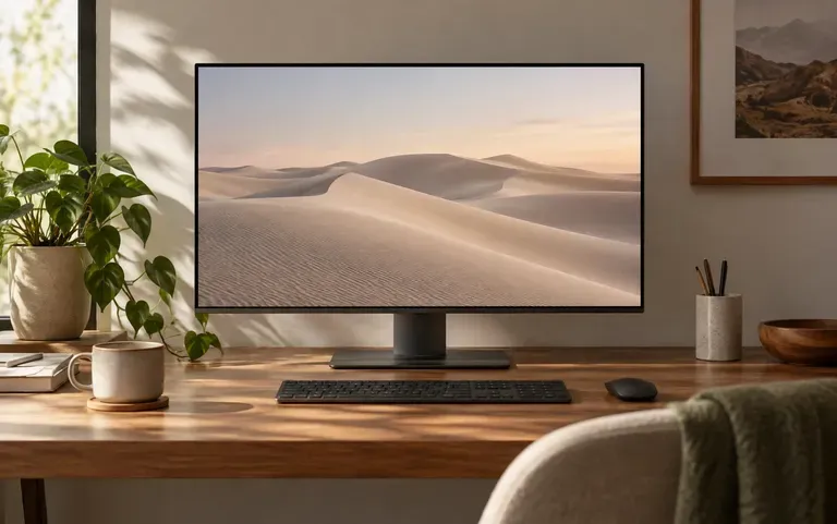 A quiet wallpaper on a home office monitor