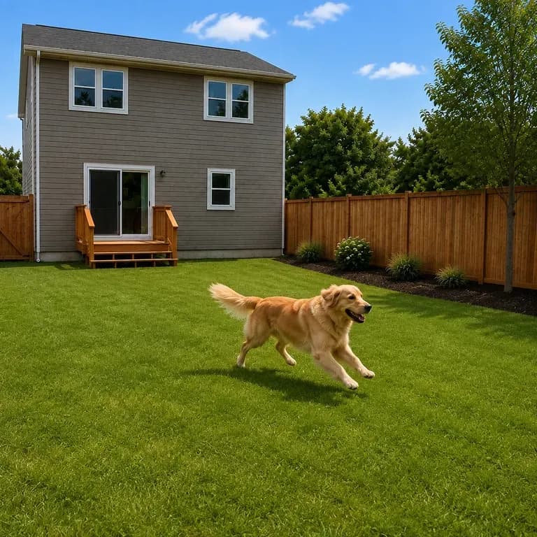 A close-up of a pet-friendly yard zone after a redesign