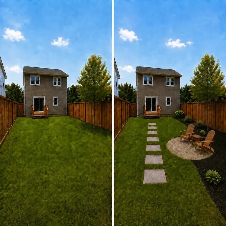 A split-frame before and after comparison of the same yard