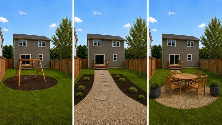 The same yard shown in three uses: family and play, low-maintenance, entertaining-ready