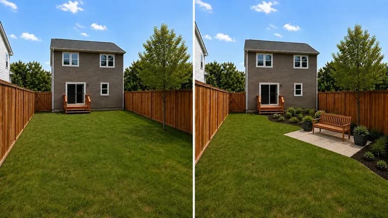 An ordinary backyard shown before and after a redesign