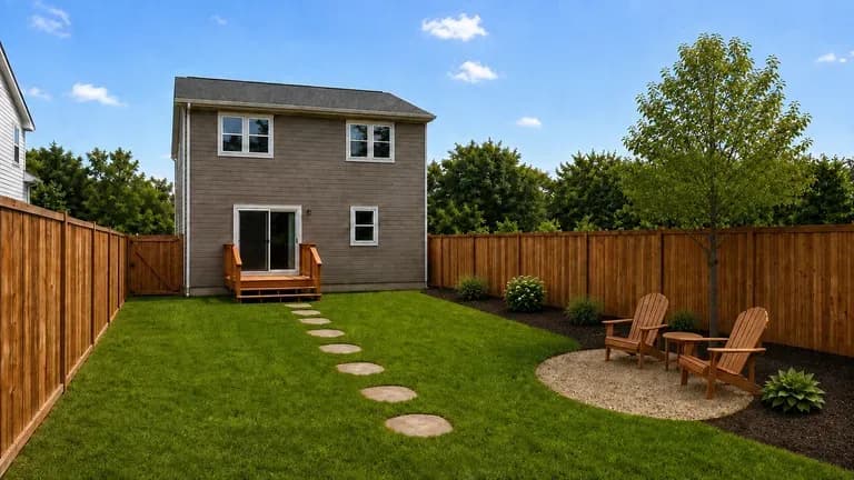 A yard redesign preview shot in a wide, real-estate-style composition