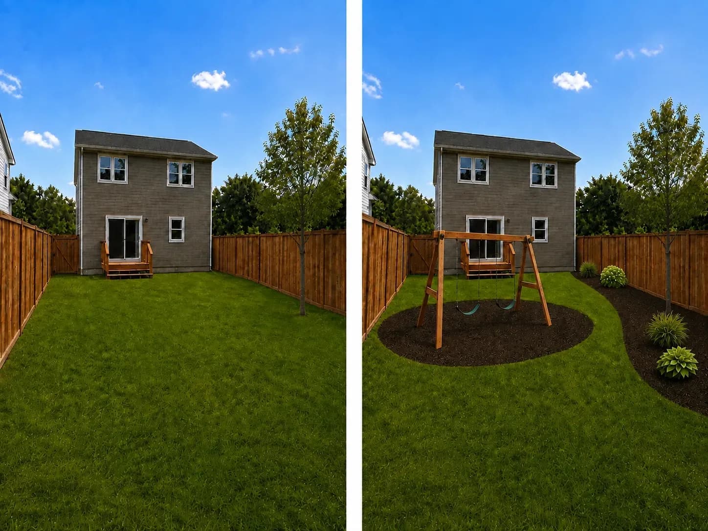 A plain backyard before and after: the same camera position and fence boundary, now zoned into activity and garden areas