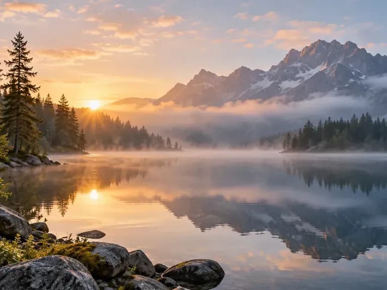A misty mountain lake