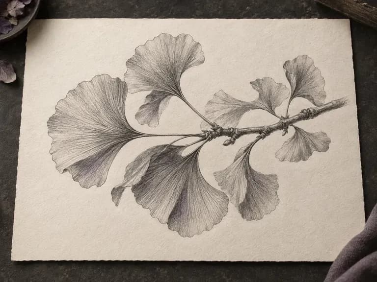 An illustrative pencil drawing of a ginkgo branch