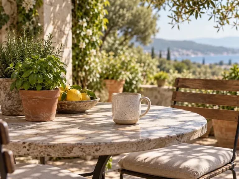 A ceramic mug on a sunlit patio table