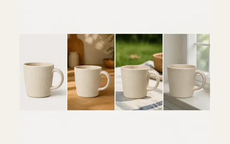 A ceramic mug beside several different scene concepts