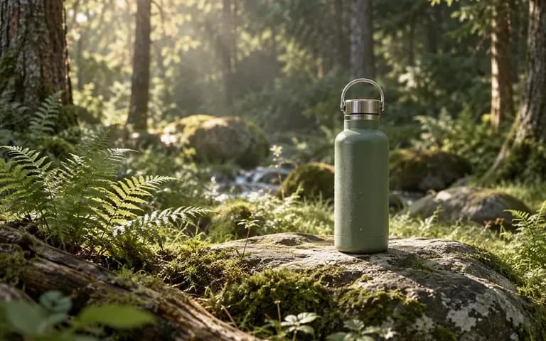 A bottle standing on moss in a softly lit forest setting