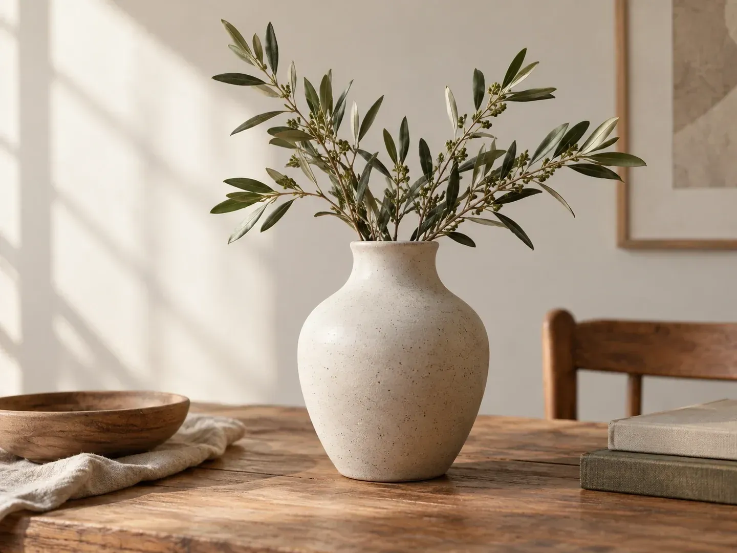 A ceramic vase with leafy stems in a landscape composition