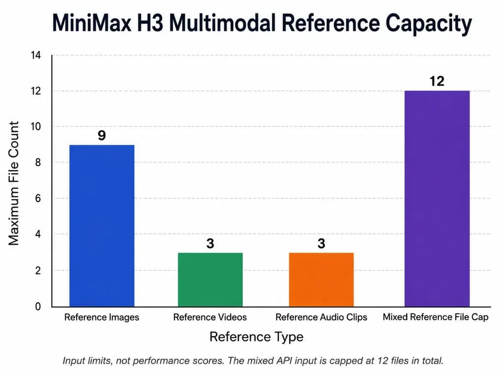 showing MiniMax H3 reference input limits of nine images, three videos, three audio clips and a 12-file mixed-reference cap.