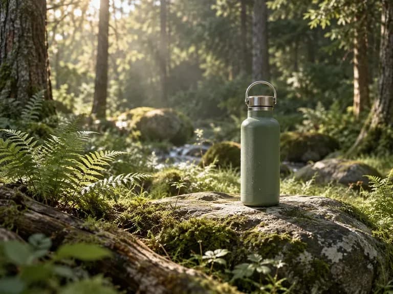 A bottle standing on moss in a softly lit forest setting