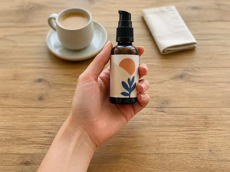 A product held above a cafe table in daylight