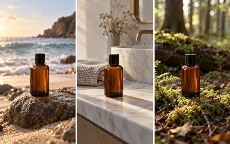 A bottle shown in three different settings